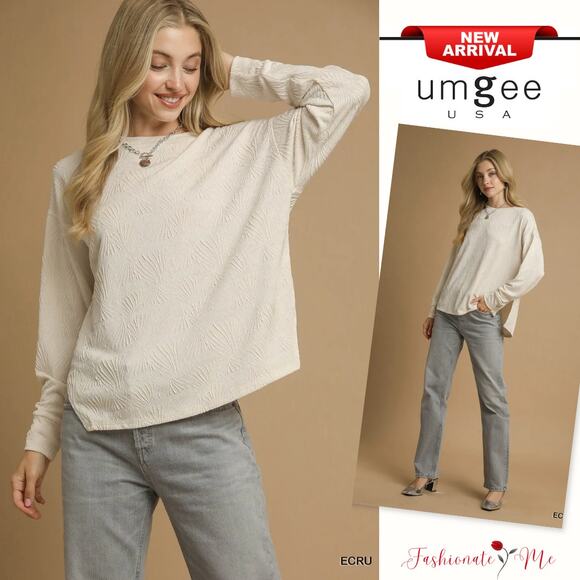 Umgee Textured Knit Long Sleeves Crew Neckline Lightweight Oversized Top | Ecru - Picture 1 of 6